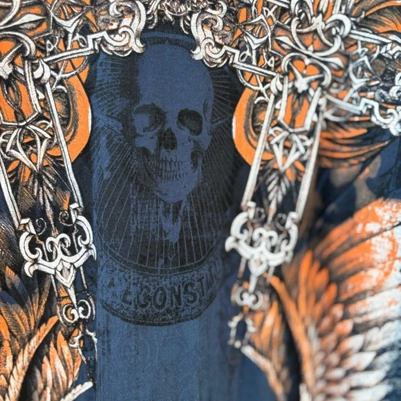 MMA ELITE LONG JOHN SLEEVE DOUBLE LAYERED ANGEL SKULL CROSS TATTOO T SHIRT - Picture 7 of 9